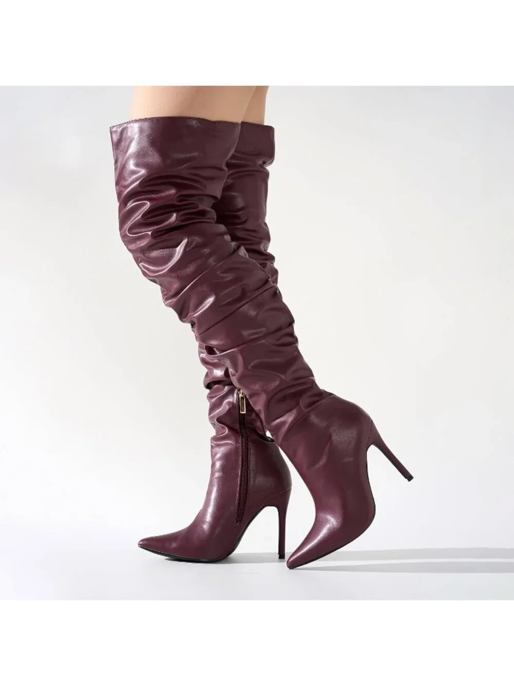 Women Burgundy Pointed Toe Thigh High Stiletto Heels Slouchy Over-the-Knee Boot